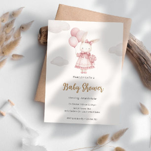 Pink Bunny with Balloons Baby Shower Invitation