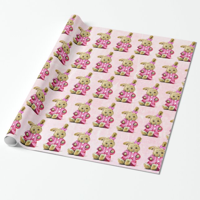 Pink Bunny with Bow Gilt's Birthday Gift Wrap (Unrolled)