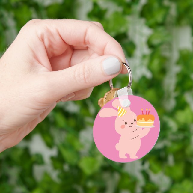 Pink Bunny With Cpcake and Candles Keychain (Hand)