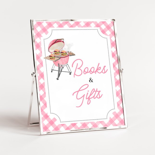 Pink Burger BBQ Baby Shower Books and Gifts Poster (Girl Backyard BBQ Baby Shower Books and Gifts Sign)