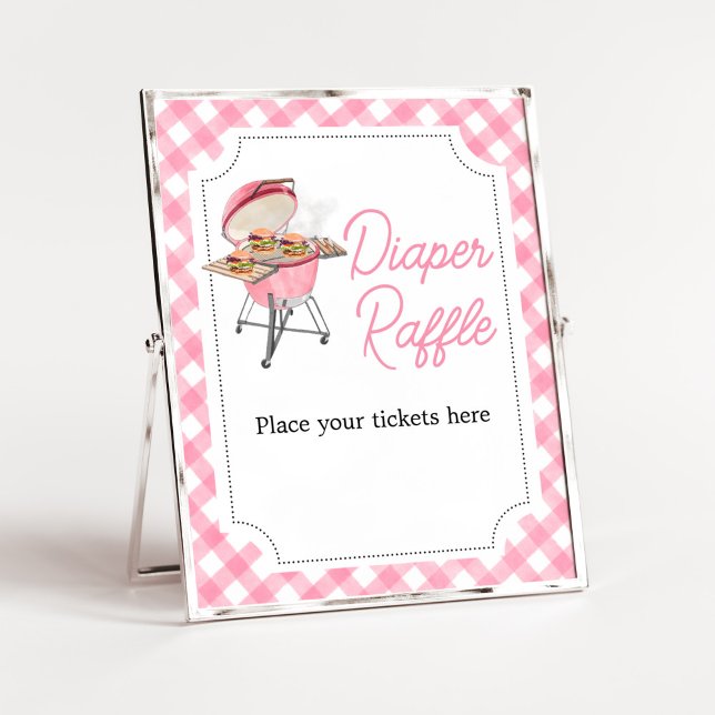 Pink Burger BBQ Baby Shower Diaper Raffle Poster (Girl Backyard BBQ Baby Shower Diaper Raffle Sign)