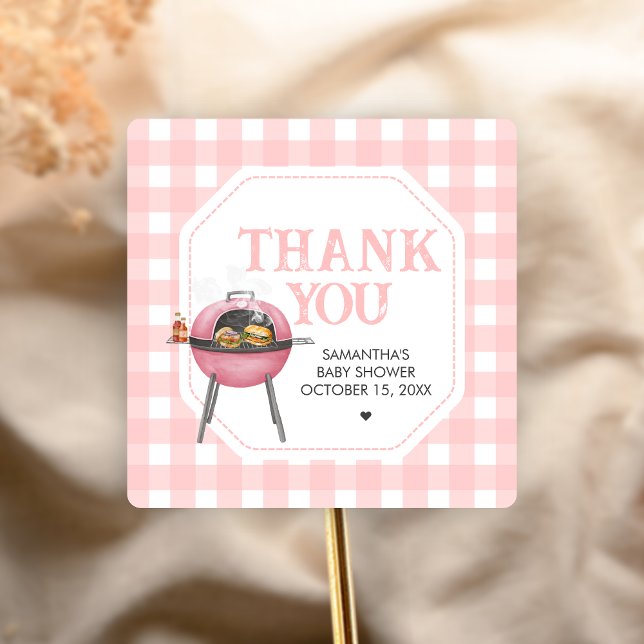 Pink Burger BBQ Baby Shower Square Sticker (Bun and Burgers Baby Shower Sticker)