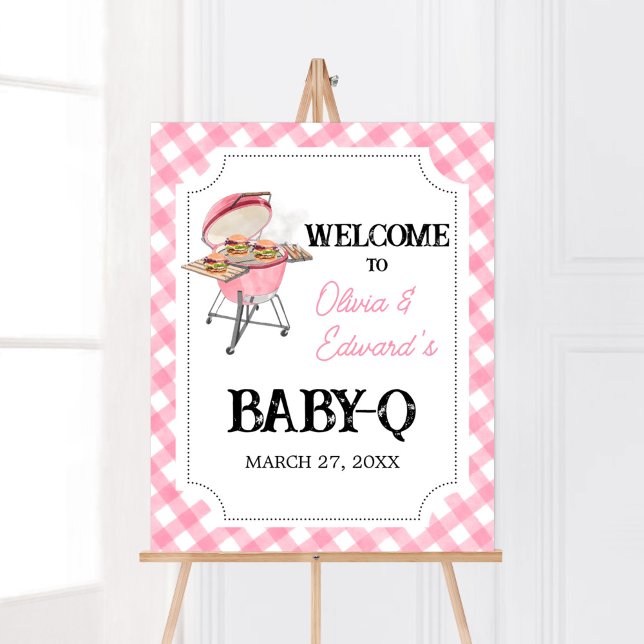 Pink Burger BBQ Baby Shower Welcome Poster (Girl Backyard BBQ Baby Shower Welcome Sign)
