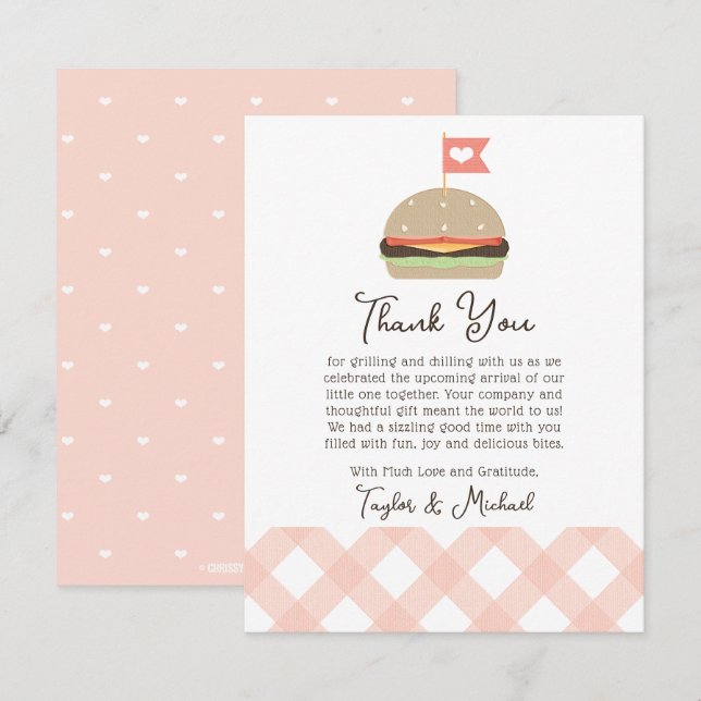 Pink Burger Couples BBQ Baby Shower Thank You Card (Front/Back)