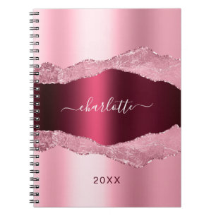 Pink burgundy agate marble name notebook
