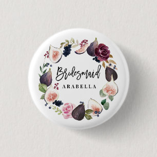 Pink, burgundy and fig floral bridesmaid 3 cm round badge