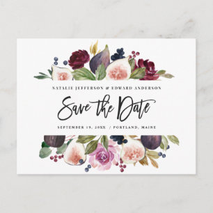 Pink, burgundy and fig floral save the date green postcard