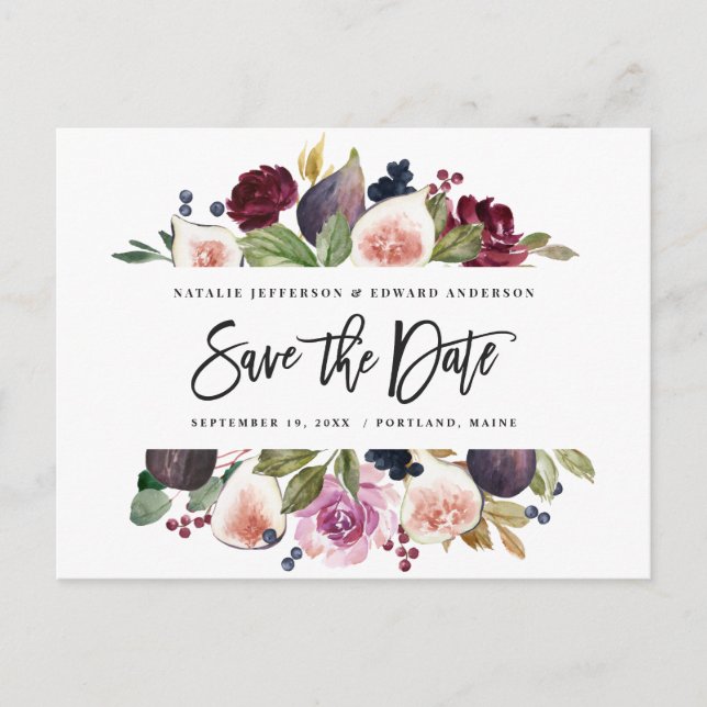 Pink, burgundy and fig floral save the date green postcard (Front)