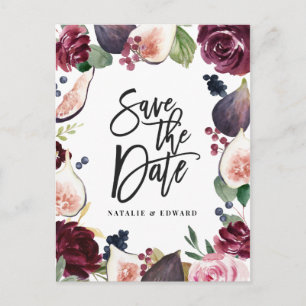 Pink, burgundy and fig floral save the date postcard