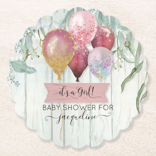 Pink Burgundy Balloon Wood Rustic Baby Girl Shower Paper Coaster (Front)
