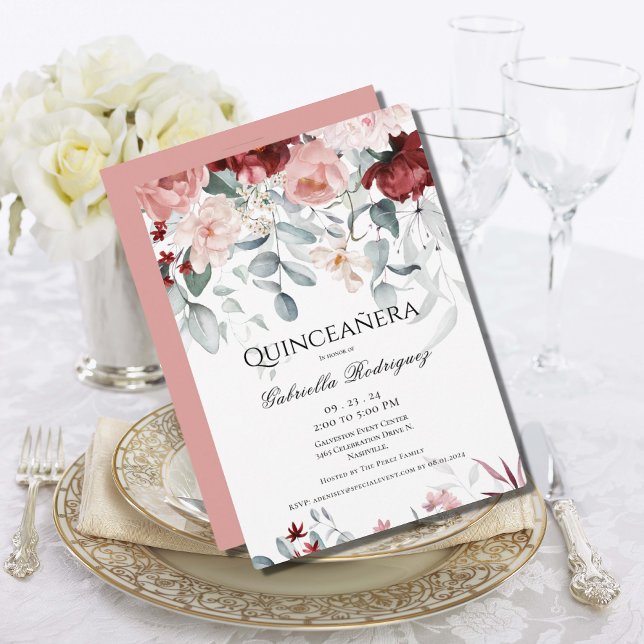 Pink Burgundy Blush Floral Watercolor Quinceañera Invitation (Creator Uploaded)