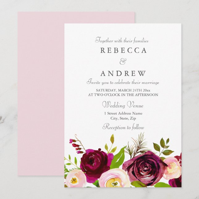 Pink Burgundy & Blush Flowers Wedding Invite (Front/Back)