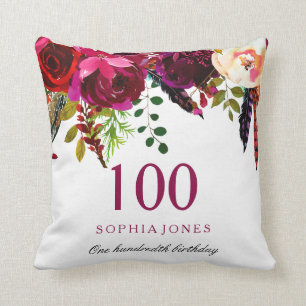 Pink & Burgundy Boho Floral 100th Birthday Gift Cushion
