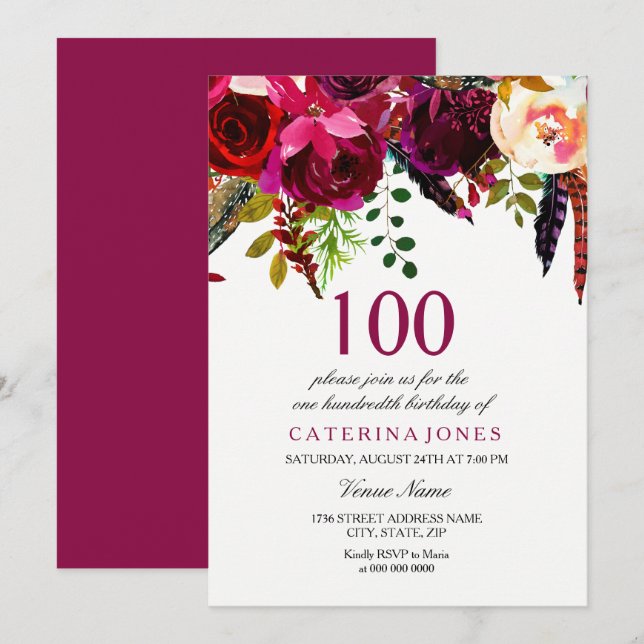 Pink & Burgundy Boho Floral 100th Birthday Party Invitation (Front/Back)
