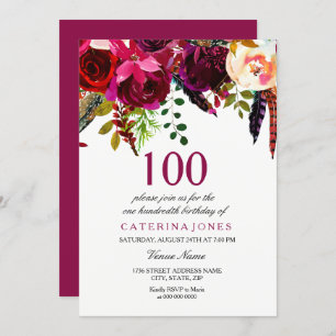 Pink & Burgundy Boho Floral 100th Birthday Party Invitation