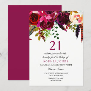 Pink & Burgundy Boho Floral 21st Birthday Party Invitation