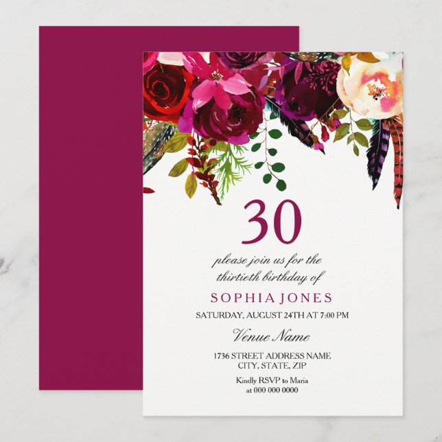 Pink & Burgundy Boho Floral 30th Birthday Party Invitation (Front/Back)