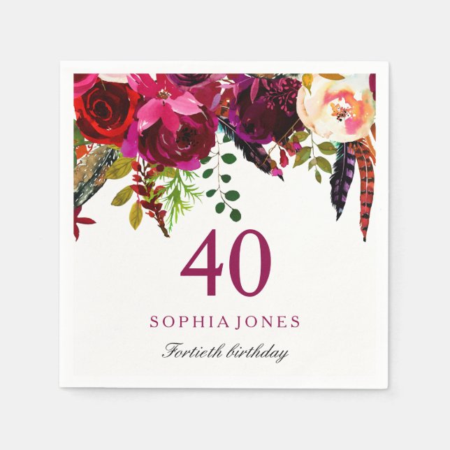 Pink & Burgundy Boho Floral 40th Birthday Party Napkin (Front)