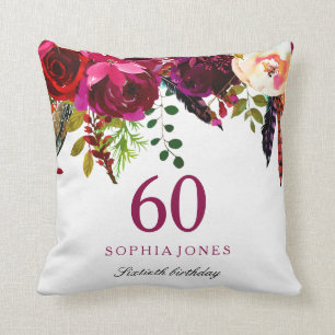 Pink & Burgundy Boho Floral 60th Birthday Gift Cushion