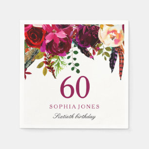 Pink & Burgundy Boho Floral 60th Birthday Party Napkin