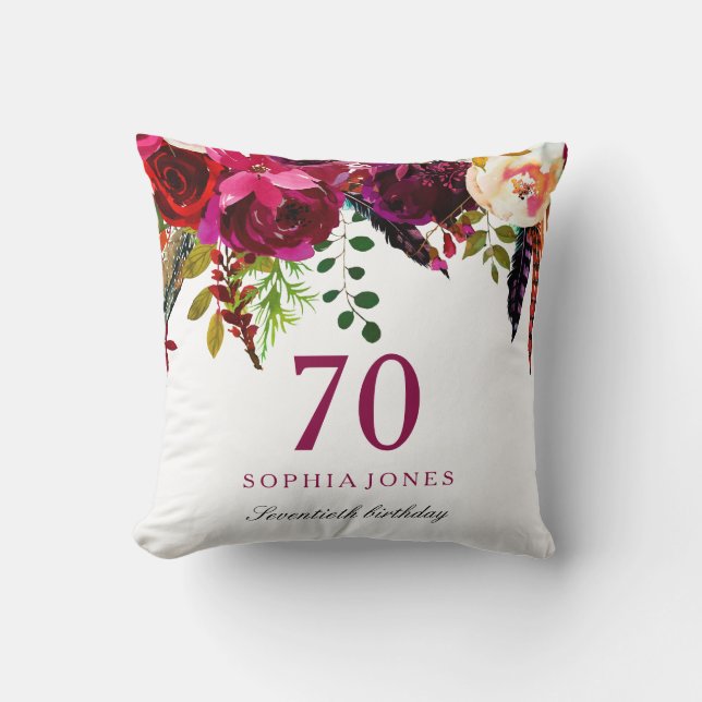 Pink & Burgundy Boho Floral 70th Birthday Gift Cushion (Front)