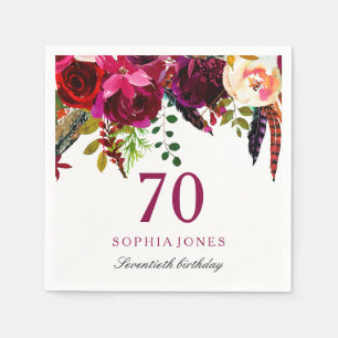 Pink & Burgundy Boho Floral 70th Birthday Party Napkin