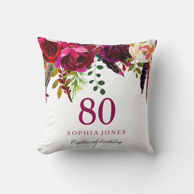 Pink & Burgundy Boho Floral 80th Birthday Gift Cushion (Front)