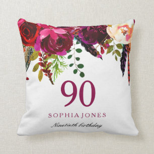 Pink & Burgundy Boho Floral 90th Birthday Gift Cushion