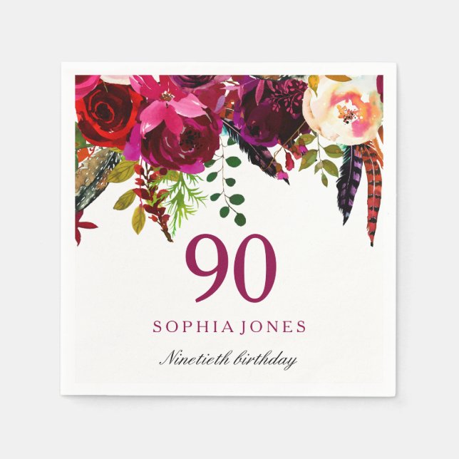 Pink & Burgundy Boho Floral 90th Birthday Party Napkin (Front)