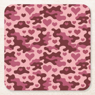 Pink Burgundy Camo Hearts Coaster Set