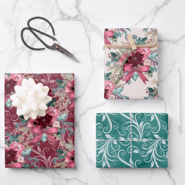 PINK BURGUNDY CHRISTMAS WATERCOLOR FLOWERS WRAPPING PAPER SHEET (Front)
