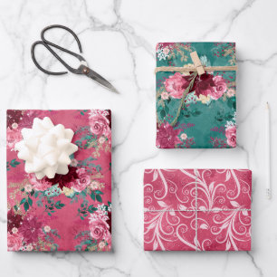 PINK BURGUNDY CHRISTMAS WATERCOLOR FLOWERS WRAPPING PAPER SHEET