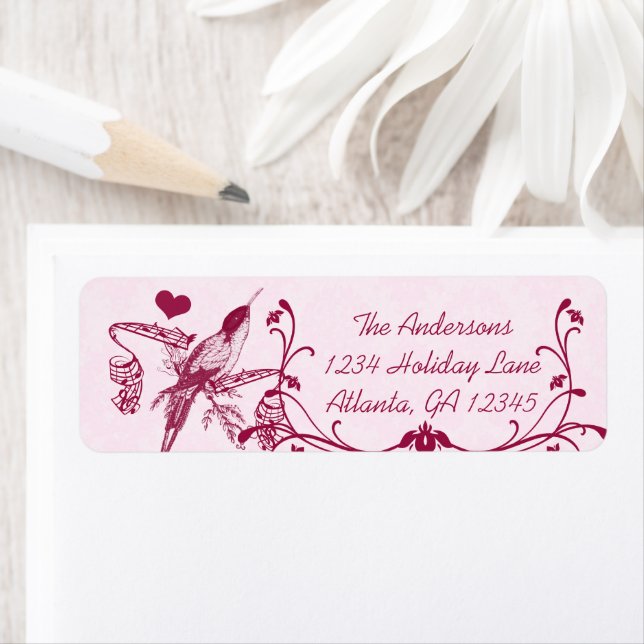 Pink & Burgundy Damask Musical Vintage Hummingbird (Insitu)