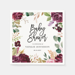 Pink, burgundy, + fig watercolor floral and script napkin