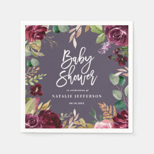 Pink, burgundy, + fig watercolor floral and script napkin