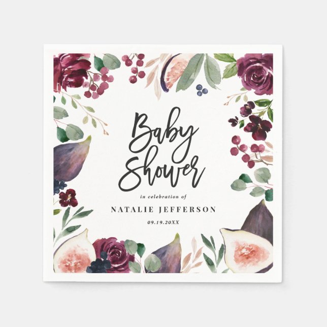 Pink, burgundy, + fig watercolor floral and script napkin (Front)