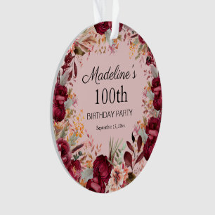 Pink Burgundy Floral 100th Birthday Keepsake Ornament