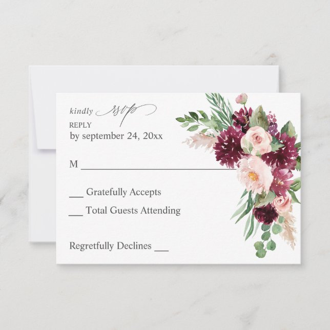 Pink & Burgundy Floral 7 no Meal RSVP Card (Front)