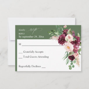 Pink & Burgundy Floral 7 no Meal RSVP - Green Card