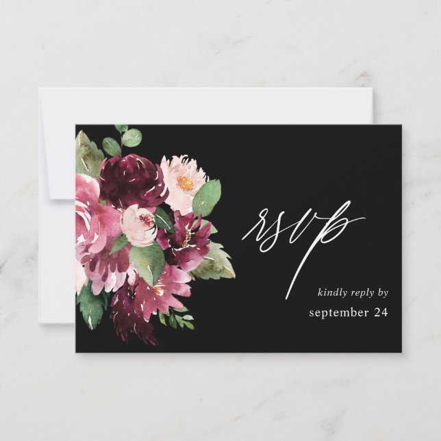 Pink & Burgundy Floral 7 w Meal RSVP - Black Card (Front)