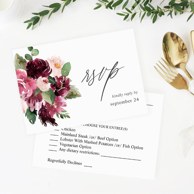 Pink & Burgundy Floral 7 w Meal RSVP Card (Creator Uploaded)