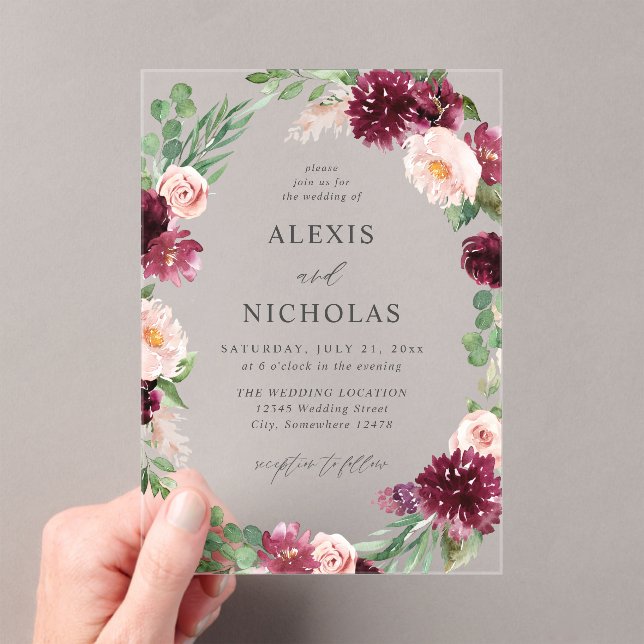 Pink & Burgundy Floral 7 Wedding  Acrylic Invitations (Insitu (Handheld))