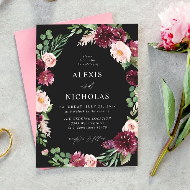Pink & Burgundy Floral 7 Wedding - Black Invitation (Creator Uploaded)