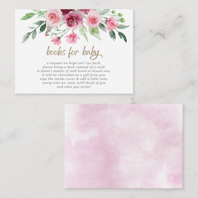 Pink Burgundy Floral Baby Shower Book Request Enclosure Card (Front/Back)