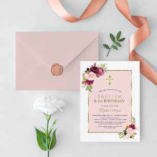 Pink Burgundy Floral Girl 1st Birthday &  Baptism Invitation