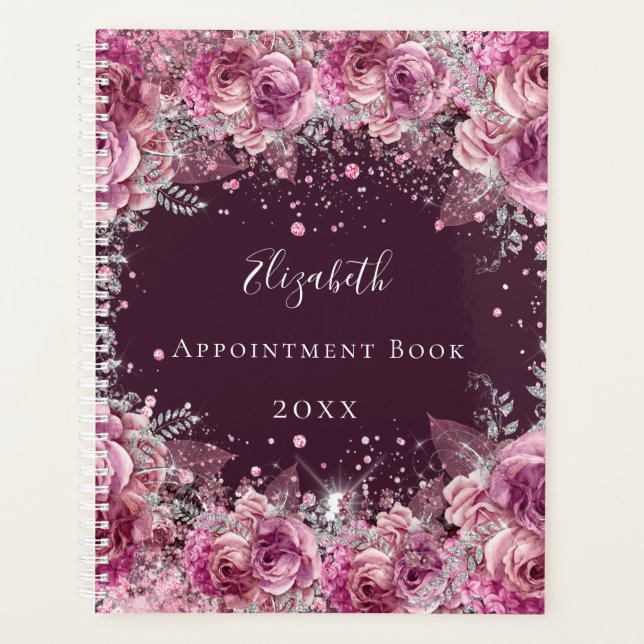 Pink burgundy floral glitter name planner (Front)