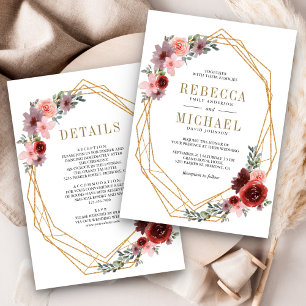 Pink Burgundy Floral Gold All in One Wedding Invitation