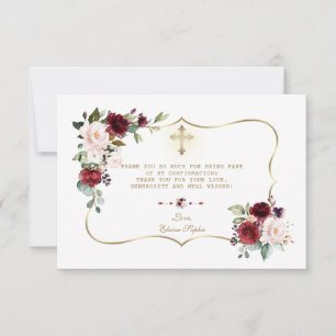 Pink Burgundy Floral Gold Cross Confirmation Thank You Card