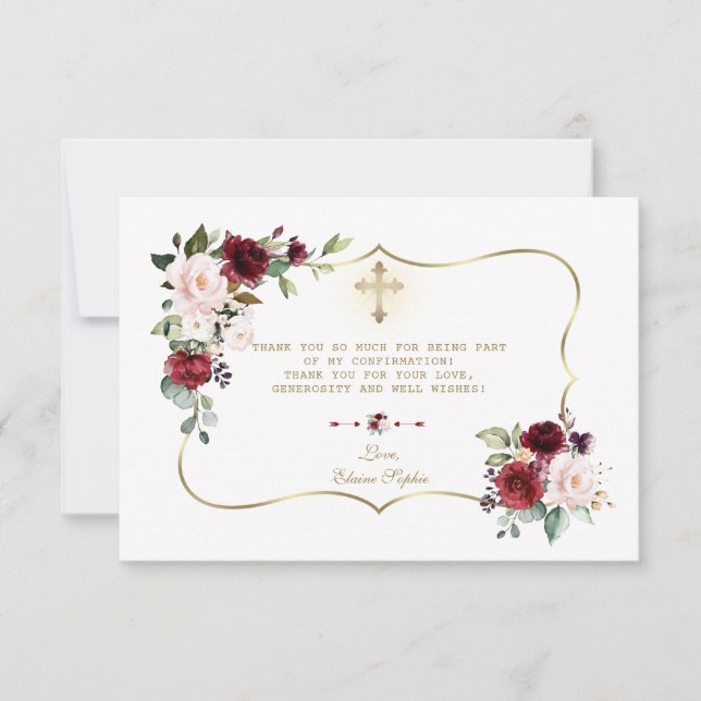 Pink Burgundy Floral Gold Cross Confirmation Thank You Card (Front)