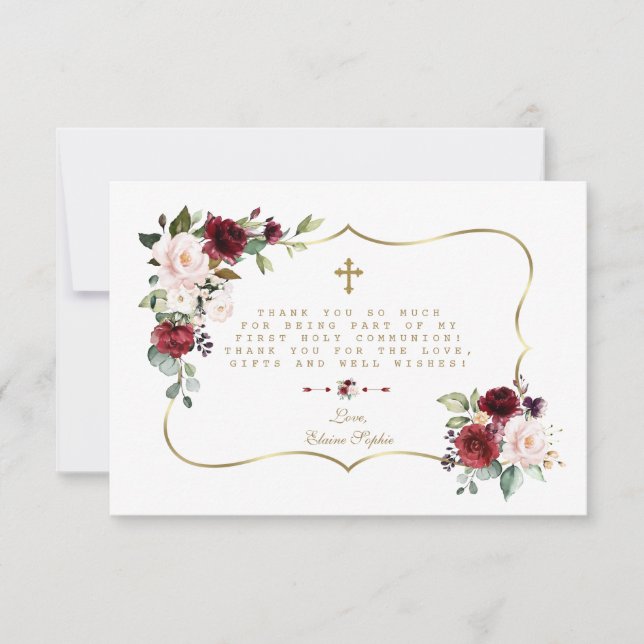 Pink Burgundy Floral Gold Cross Holy Communion Thank You Card (Front)